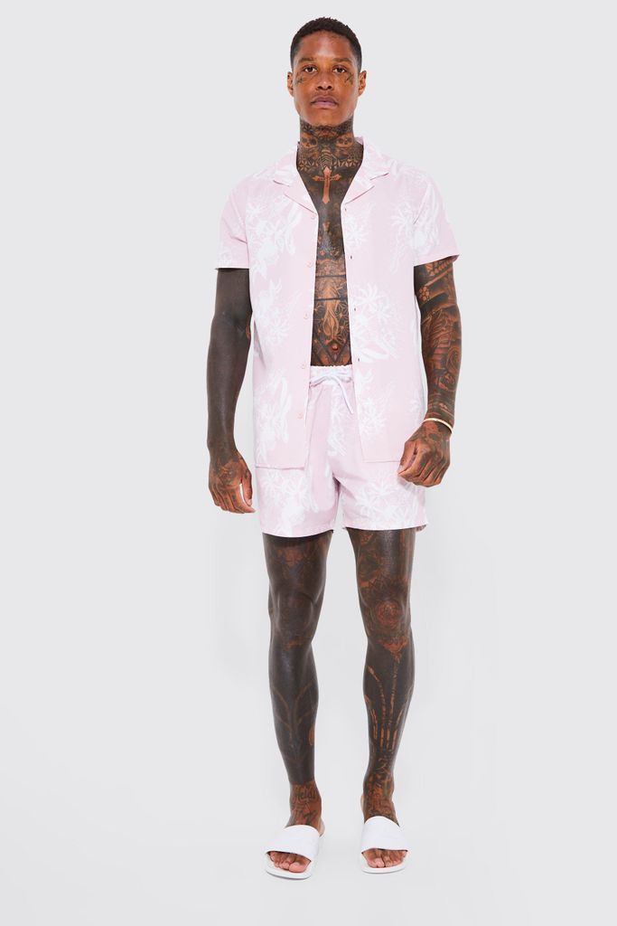 Men's Short Sleeve Floral Shirt And Swim Short - Pink - Xl, Pink