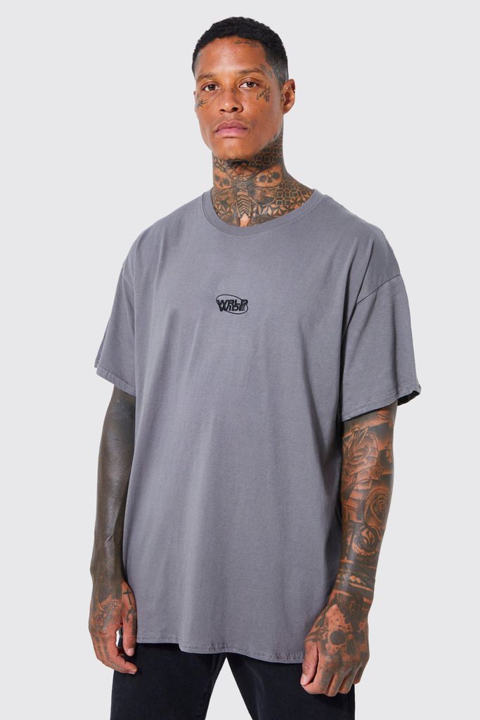 Men's Oversized Worldwide Embroidered T-Shirt - Grey - Xs, Grey