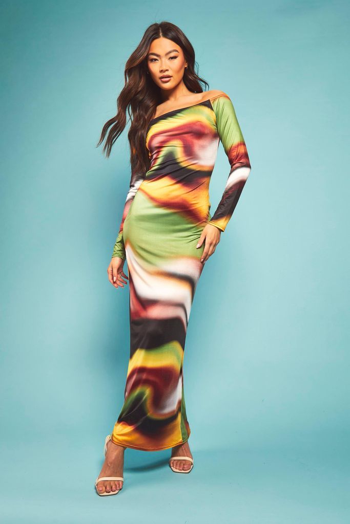 Womens Abstract Print Bardot Maxi Dress - Multi - 10, Multi