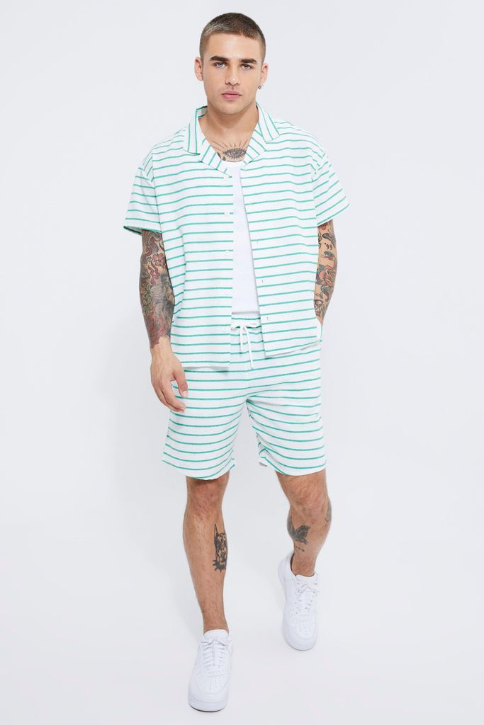 Men's Short Sleeve Boxy Revere Stripe Shirt & Short Set - Green - S, Green