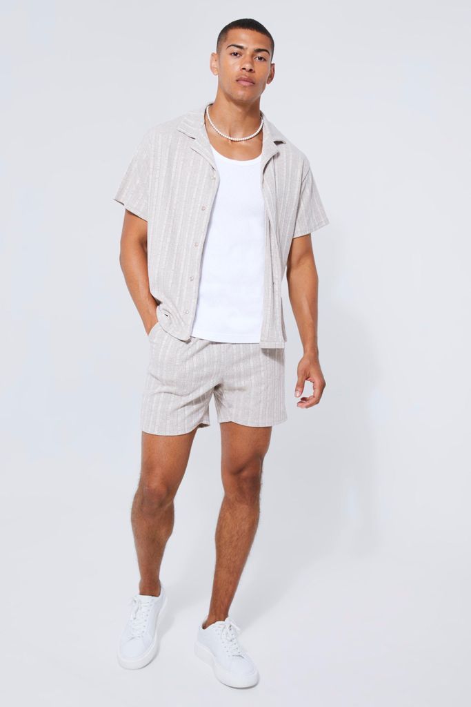 Men's Short Sleeve Boxy Marled Rib Shirt & Short - Beige - L, Beige
