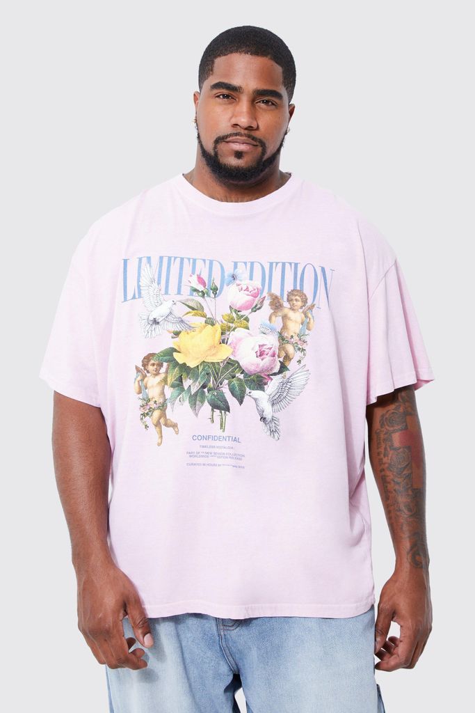 Men's Plus Oversized Floral Cupid Graphic T-Shirt - Pink - Xxxl, Pink