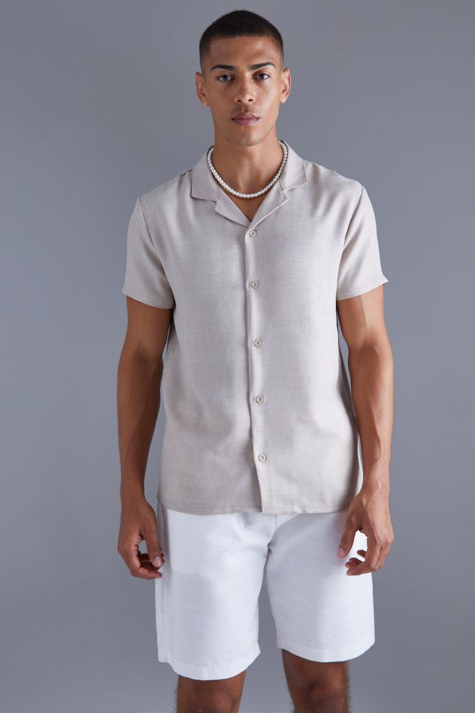 Men's Short Sleeve Linen Revere Shirt - Beige - L, Beige