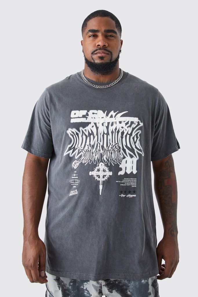 Men's Plus Oversized Overdyed Gothic Graphic T-Shirt - Grey - Xxxl, Grey