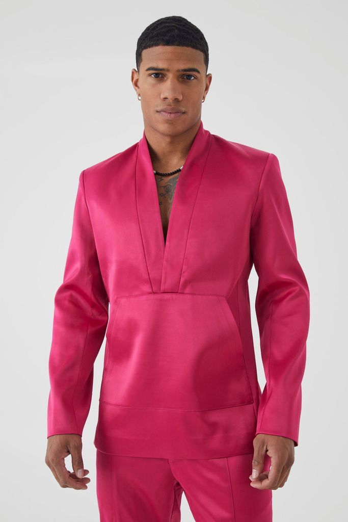 Men's Slim Fit Over The Head Satin Blazer - Pink - 34, Pink