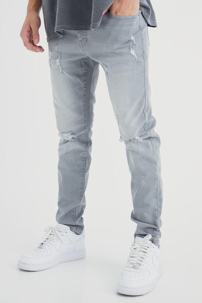 Men's Skinny Stretch Extreme Knee Rip Jeans - Grey - 28R, Grey