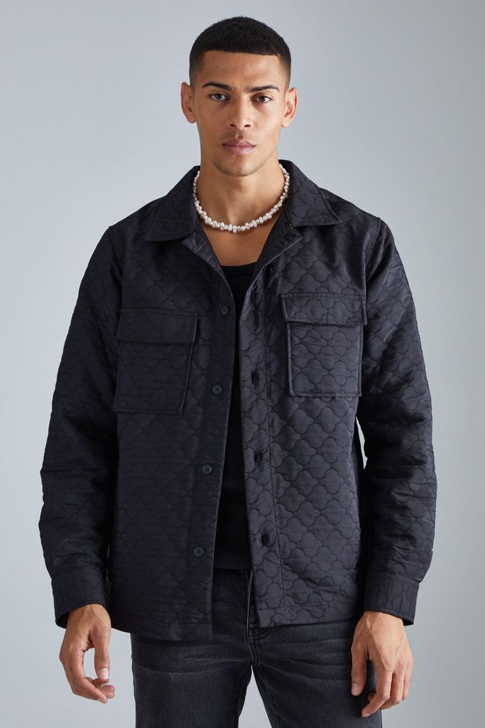 Men's Patterned Quilted Button Through Shacket - Black - S, Black
