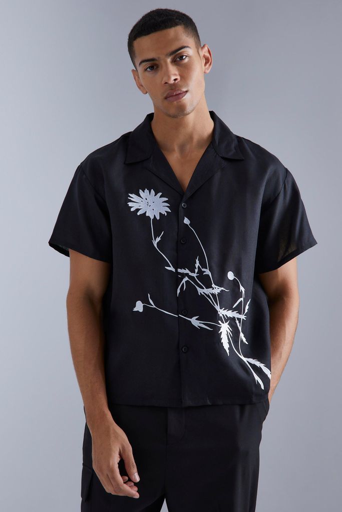 Men's Short Sleeve Floral Embroidered Boxy Shirt - Black - S, Black
