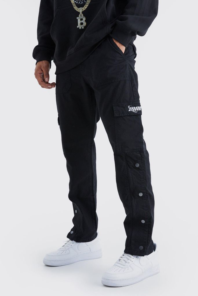 Men's Straight Leg Cargo Popper Hem Ripstop Branded Trouser - Black - 28, Black