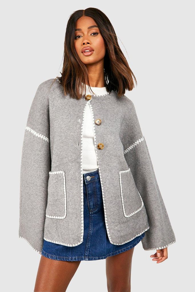 Womens Contrast Stitch Cardigan - Grey - One Size, Grey