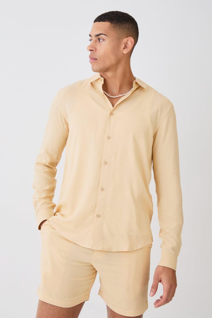 Men's Plain Viscose Long Sleeve Shirt - Beige - S, Beige