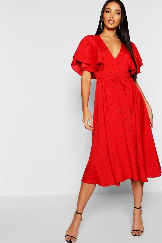 Womens Mini Polka Dot Ruffle Angel Sleeve Midi Dress - Red - 16, Red