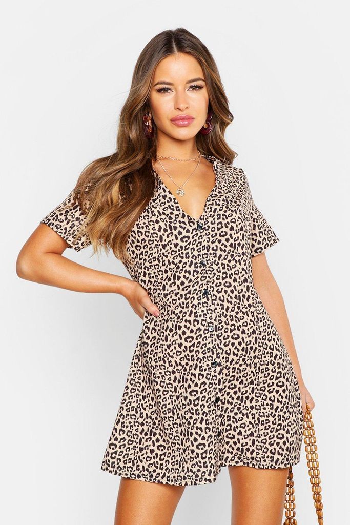Womens Petite Leopard Print Button Shift Dress - Brown - 10, Brown