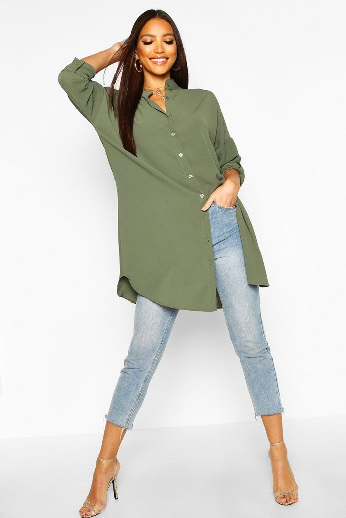 Womens Longline Oversized Sleeve Shirt - Green - L, Green