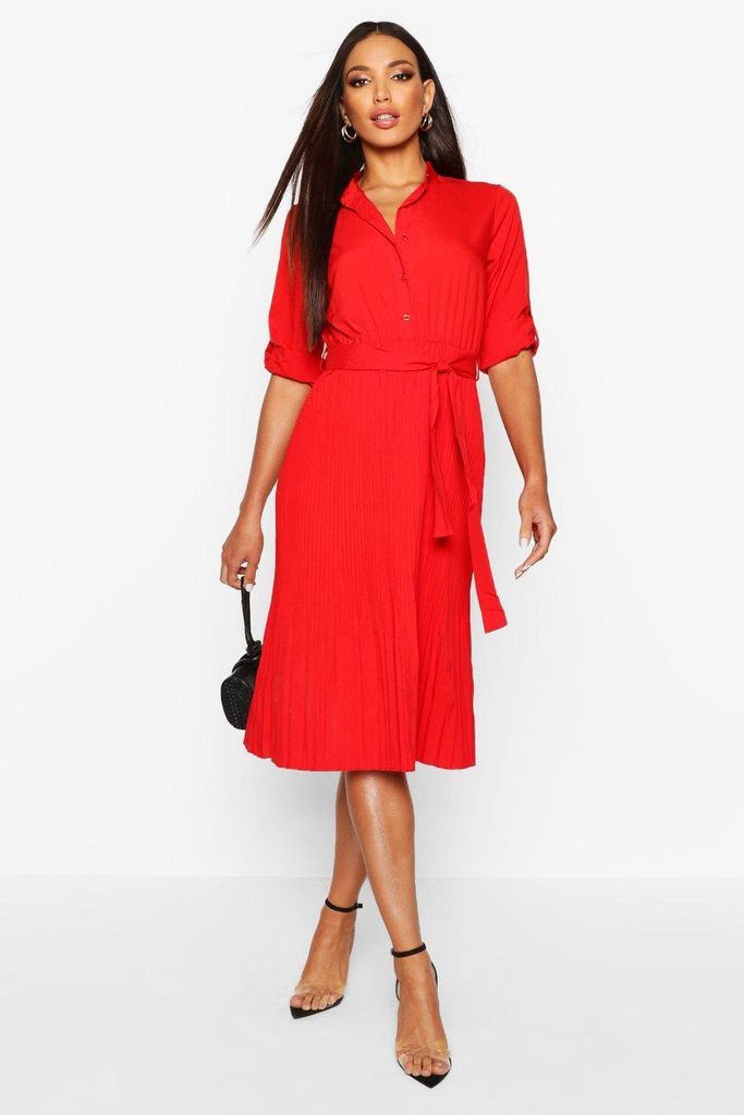 Womens Pleated Collarless Midi Skater Dress - Red - 10, Red