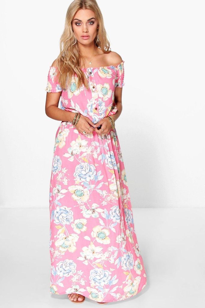 Womens Plus Floral Off The Shoulder Maxi Dress - Pink - 28, Pink