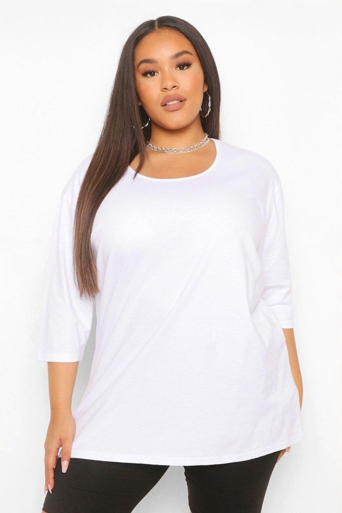 Womens Plus Basic Oversized Dip Hem 3/4 Sleeve T-Shirt - White - 18, White