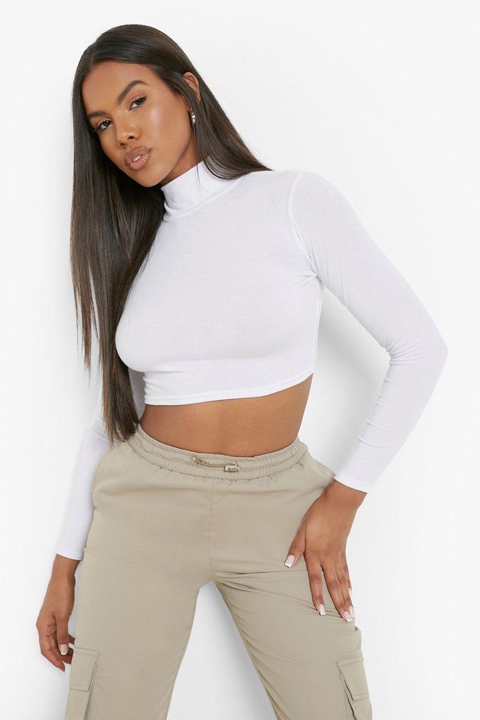 Womens High Neck Long Sleeve Crop Top - White - 6, White
