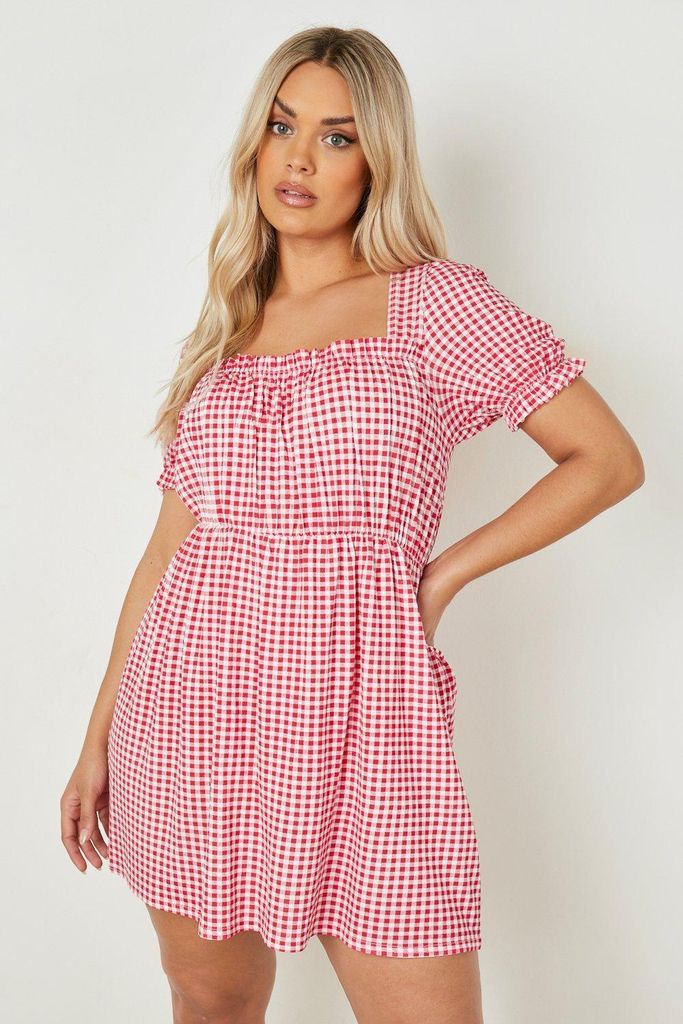 Womens Plus Gingham Puff Sleeve Smock Dress - Red - 28, Red