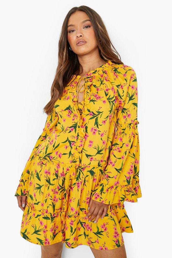 Womens Floral Flare Sleeve Ruffle Smock Dress - Yellow - 8, Yellow