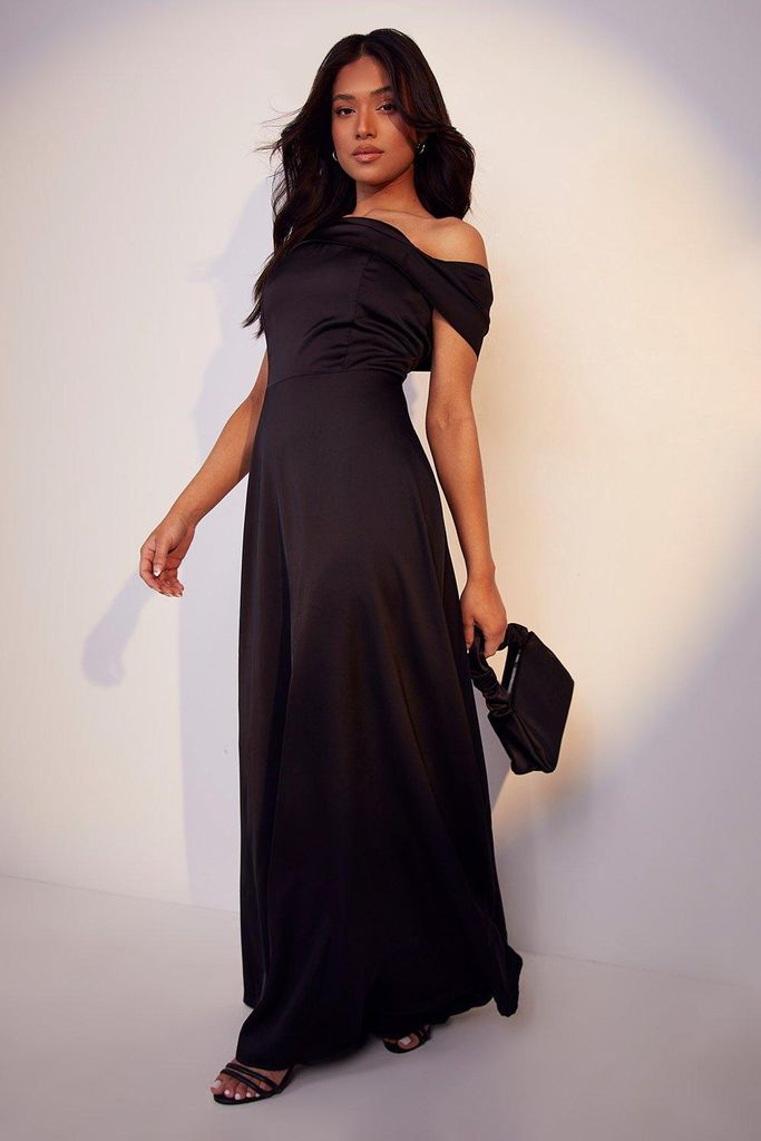 Womens Petite Detail Drape Bardot Maxi Dress - Black - 8, Black