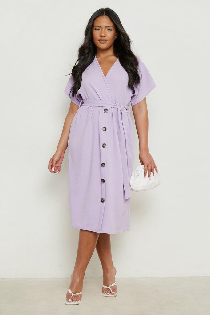 Womens Plus Belted Button Down Midi Dress - Purple - 18, Purple