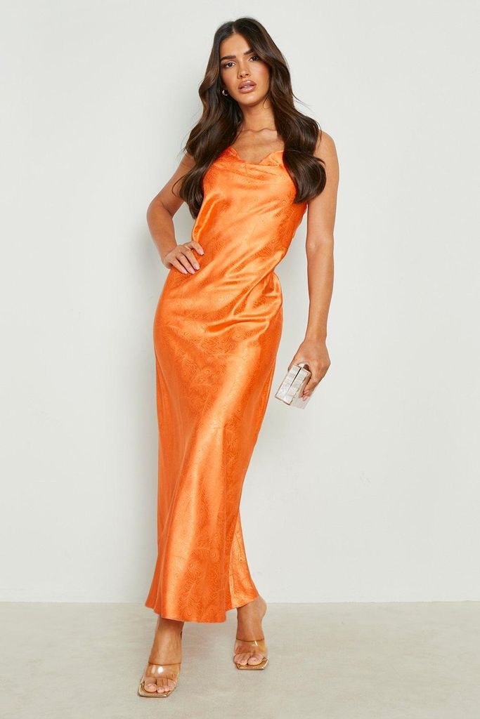 Womens Jacquard Satin Cowl Neck Maxi Dress - Orange - 14, Orange