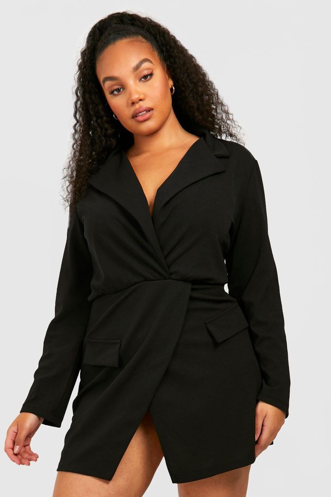 Womens Plus Plunge Wrap Blazer Dress - Black - 20, Black