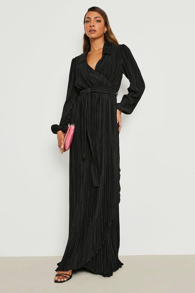 Womens Plisse Wrap Maxi Dress - Black - 10, Black