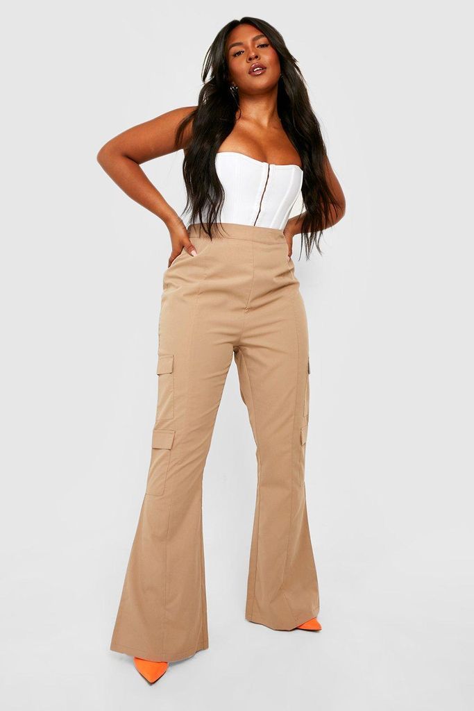 Womens Plus Cargo Pocket Side Flared Trousers - Beige - 20, Beige