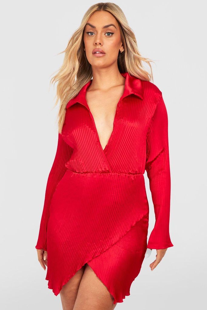 Womens Plus Satin Plisse Wrap Shirt Dress - Red - 18, Red