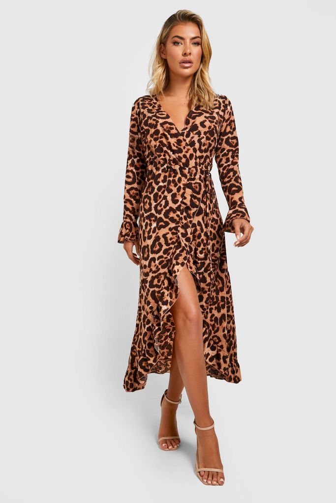 Womens Leopard Ruffle Wrap Midi Dress - Brown - 8, Brown