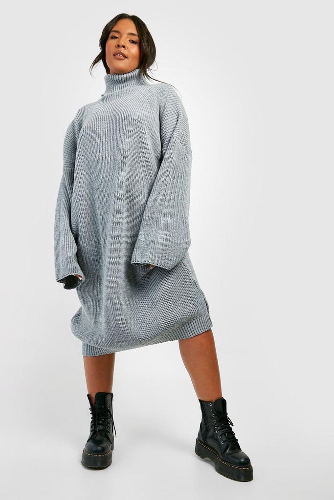 Womens Plus Knitted Roll Neck Midi Jumper Dress - Grey - 16, Grey