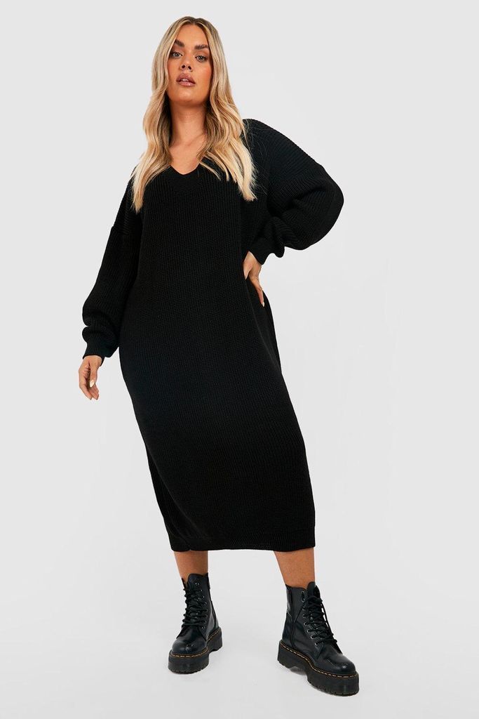 Womens Plus Knitted V Neck Jumper Dress - Black - 16, Black