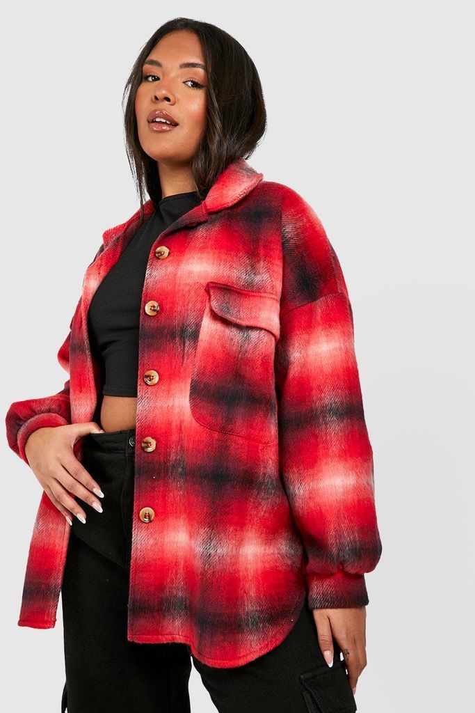 Womens Plus Checked Shacket - Red - 20, Red