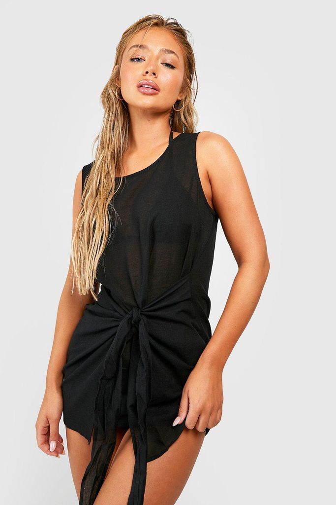 Womens Linen Look Tie Front Beach Mini Dress - Black - S, Black