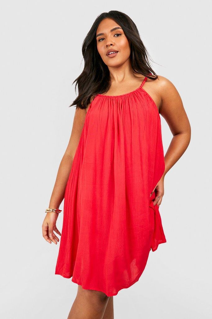 Womens Plus Crinkle Rayon Plaited Strap Beach Dress - Red - 18, Red