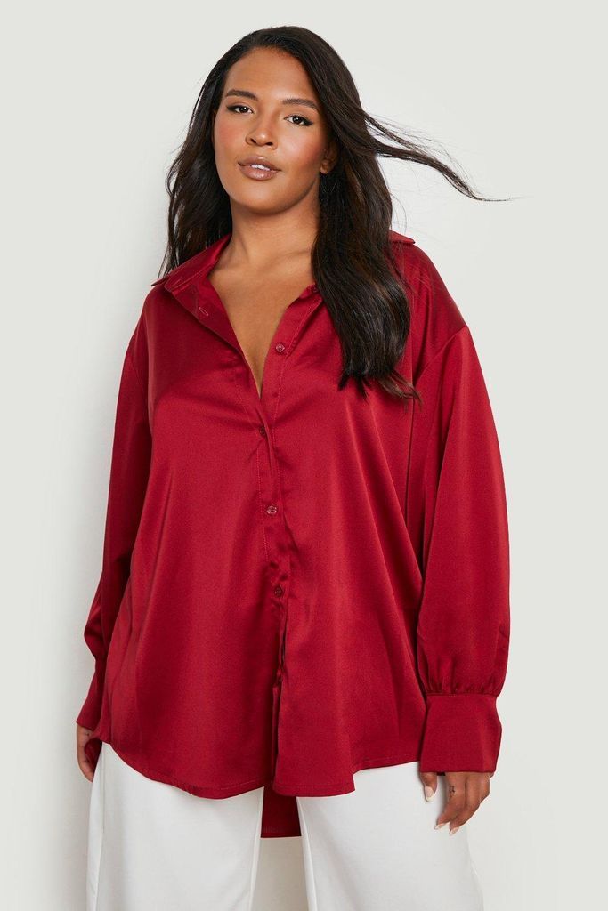 Womens Plus Satin Oversized Shirt - Red - 28, Red