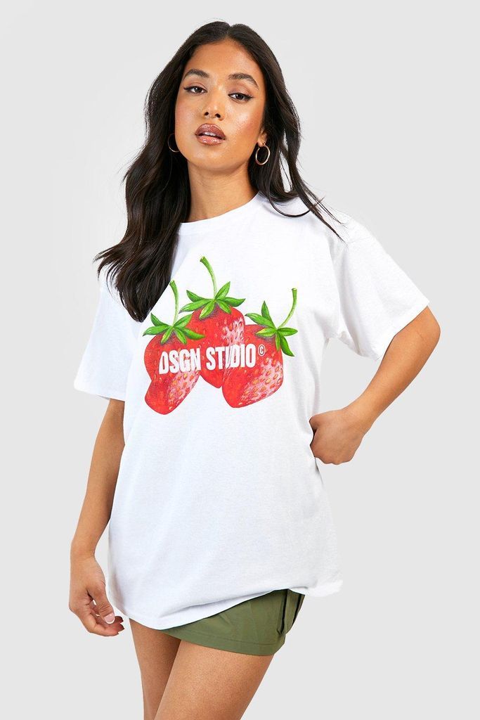 Womens Petite Dsgn Strawberry Print T Shirt - White - S, White