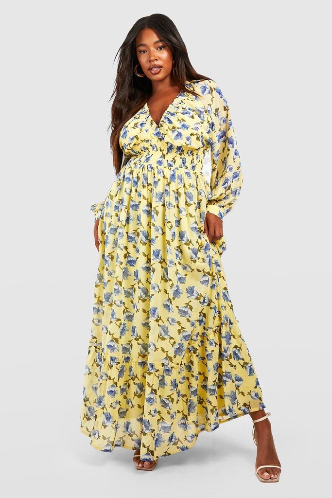 Womens Plus Floral Shirred Waist Maxi Dress - Yellow - 16, Yellow