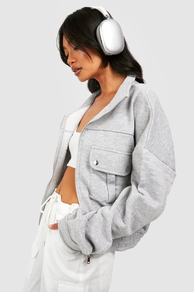 Womens Oversized Pocket Detail Bomber Jacket - Grey - 8, Grey