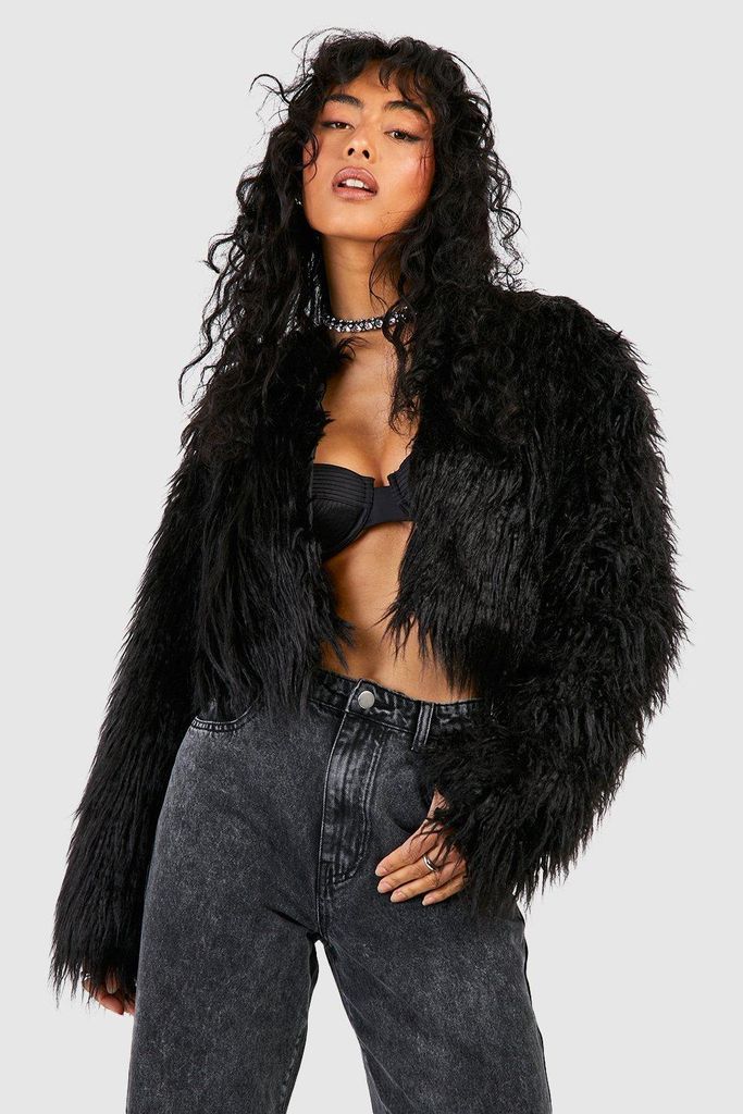 Womens Faux Fur Cropped Jacket - Black - 8, Black
