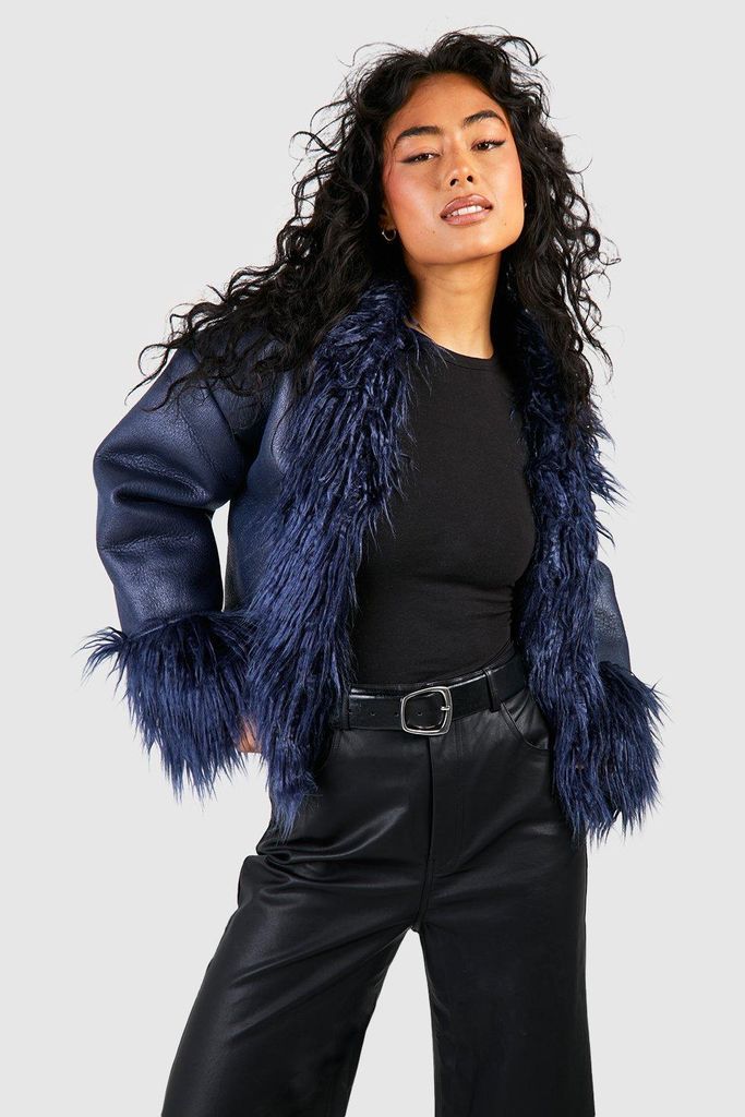 Womens Faux Fur Trim Leather Jacket - Navy - 8, Navy