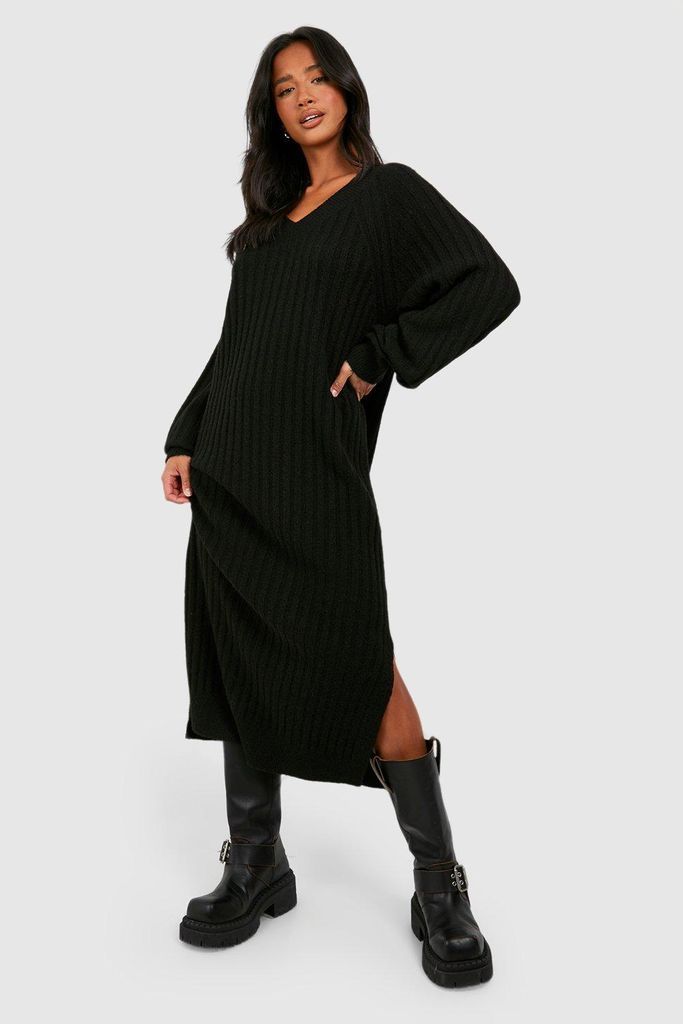 Womens Petite Knitted Rib V Neck Midaxi Dress - Black - S, Black