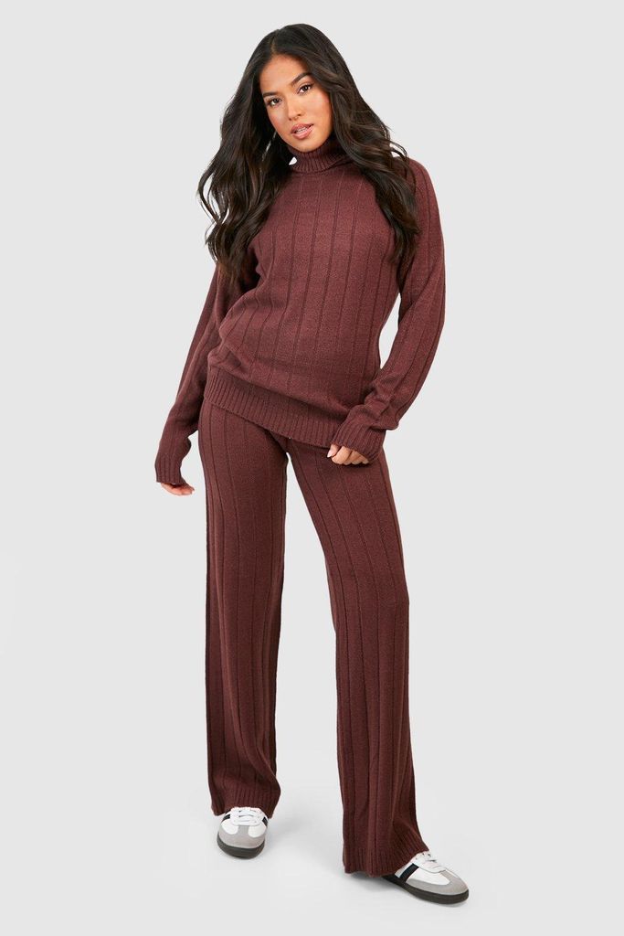 Womens Petite Wide Rib Roll Neck & Trouser Knitted Co-Ord - Brown - 6, Brown
