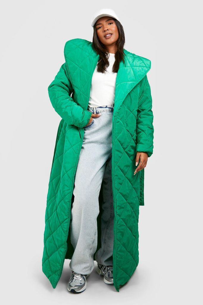 Womens Plus Diamond Puffer Maxi Coat - Green - 16, Green