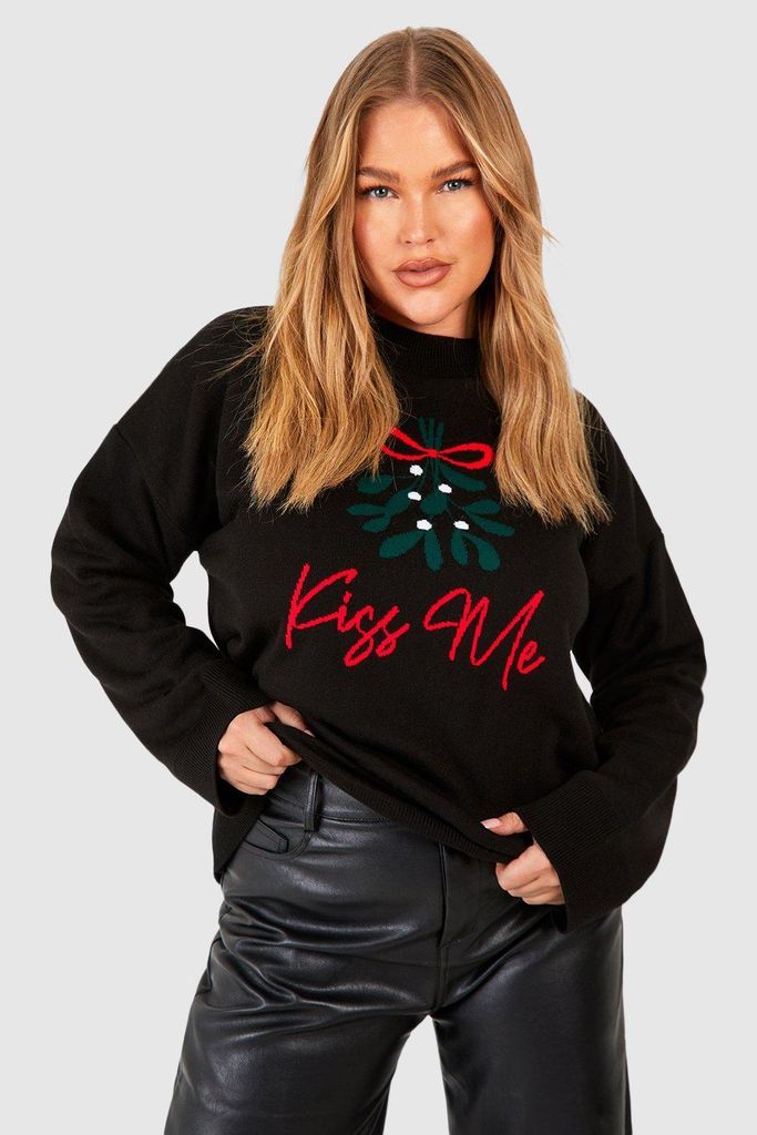 Womens Plus Kiss Me Slogan Fairisle Christmas Jumper - Black - 16, Black