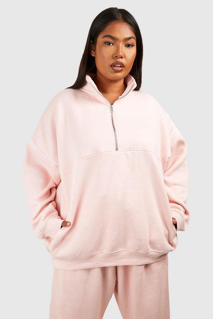 Womens Plus Quarter Zip Oversized Sweatshirt - Pink - 16, Pink