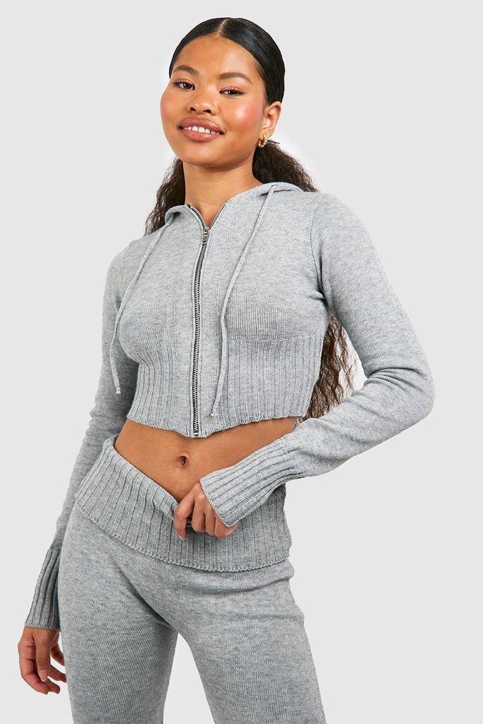 Womens Petite Knitted Cropped Zip Through Hoodie - Grey - S, Grey