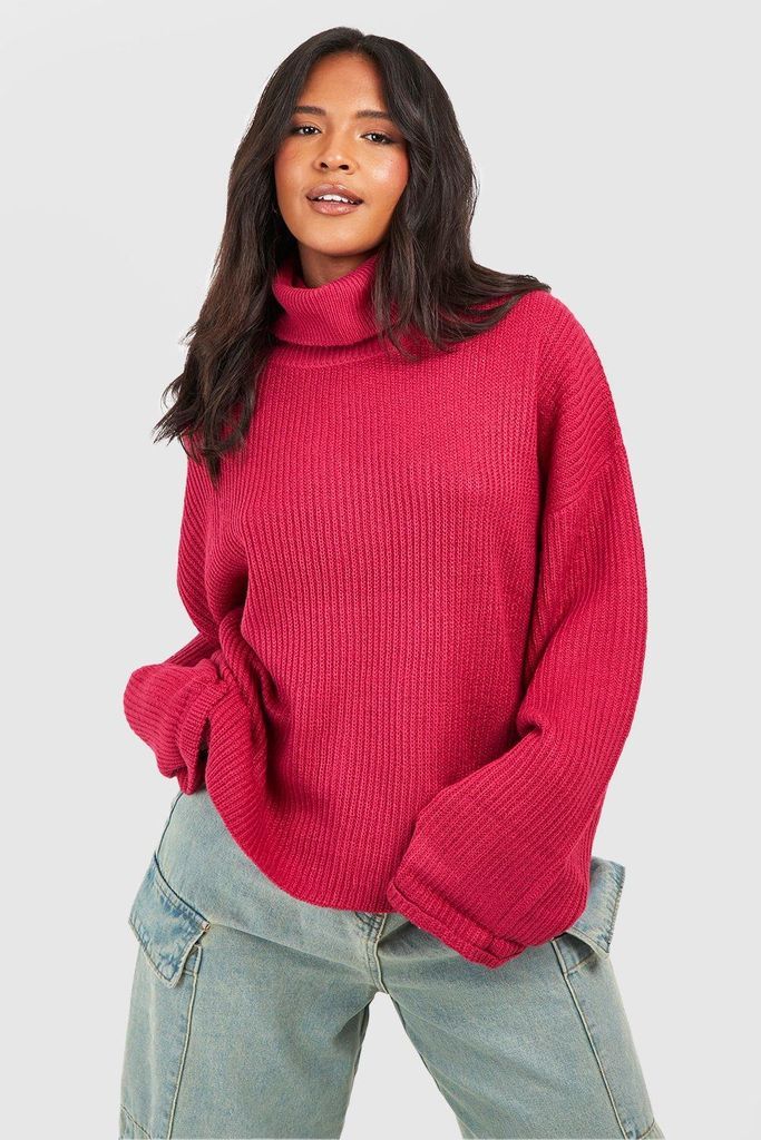 Womens Plus Chunky Roll Neck Oversized Jumper - Pink - 16, Pink